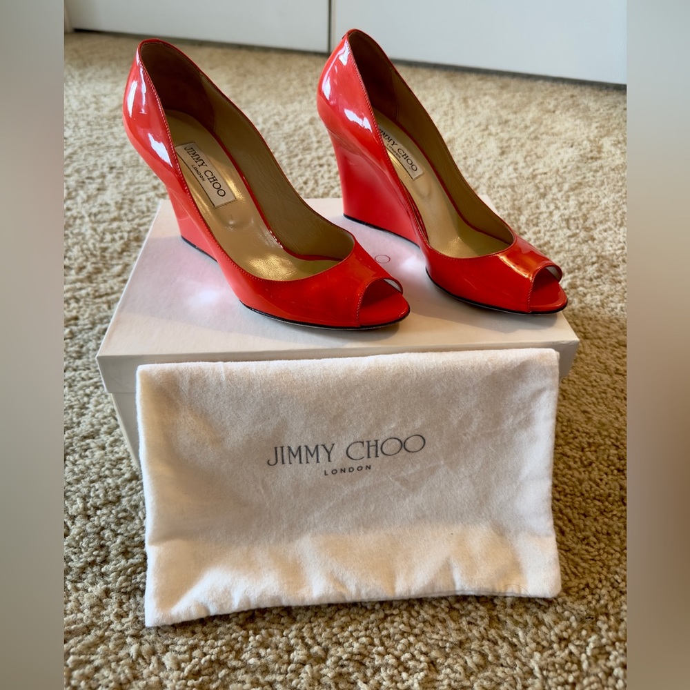 Jimmy Choo patent leather wedge in tangerine